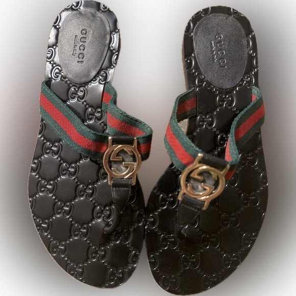 Gucci Shoes - Gucci Black Flip Flops with Green and Red Straps, gold logo